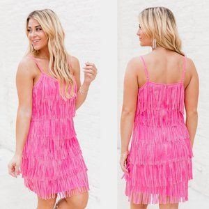 Hot Pink Tiered & Silver Studded Fringe Mini Dress small cowgirl 🤠